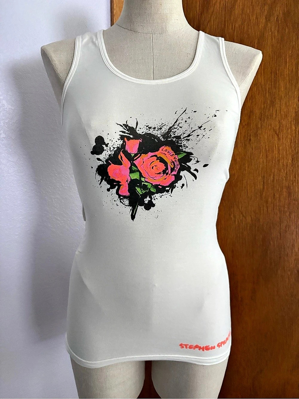 LOUIS VUITTON sz S STEPHEN SPROUSE Pink Roses Cream Off White Tank Top